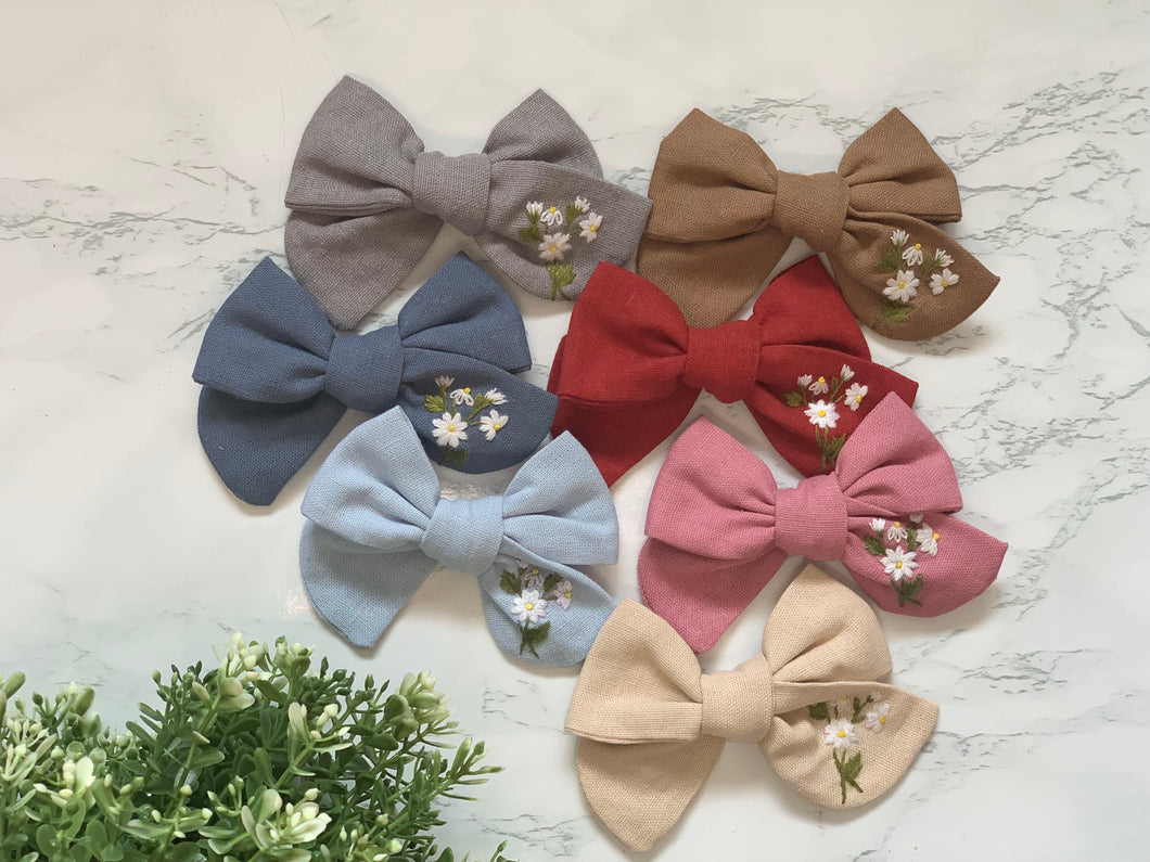 Hand-Embroidered Linen Hair Bows - The Daisy Collection